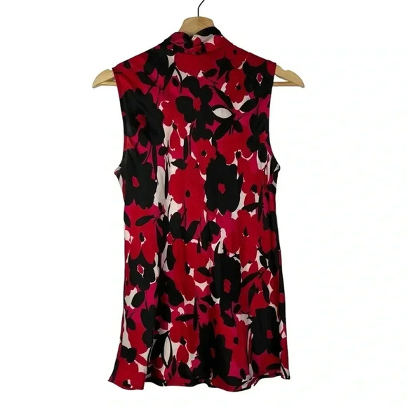 Nine West Red & Black Floral Printed V Neck Bow Sleeveless Blouse M - Picture 3 of 5